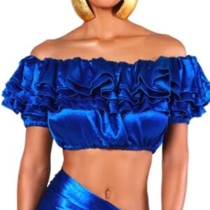 B FYNE Sarai Top Cropped Ruffle Metallic Blue NWT